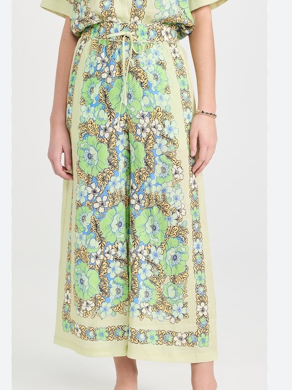 Almais Velma Linen Floral Wide Leg Drawstring Pants Green Blue Us 8
